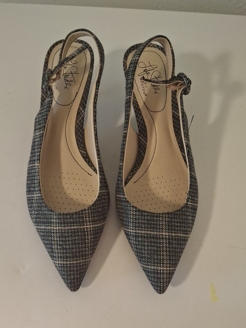 Life Stride Black Plaid Pointed Toe Slingback Flats